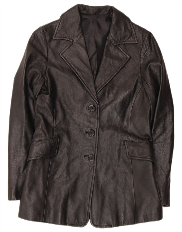 Vintage Damen 3 Knopf Leder Blazer Jacke UK 10 Small Schwarz
