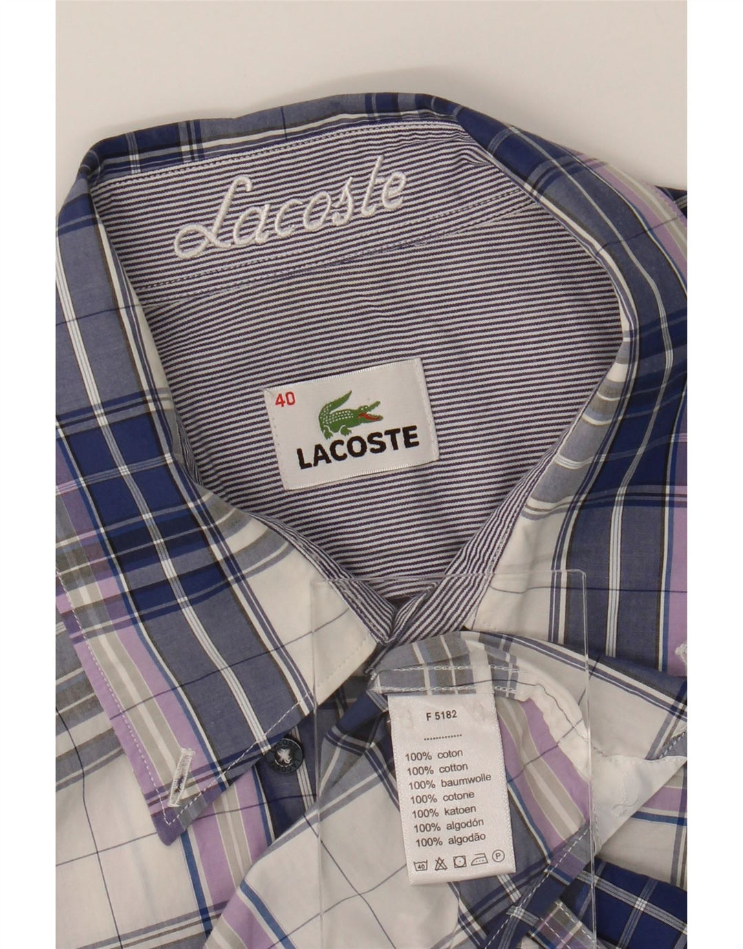LACOSTE Mens Short Sleeve Shirt Size 40 Medium Navy Blue Check Cotton Vintage Lacoste and Second-Hand Lacoste from Messina Hembry 