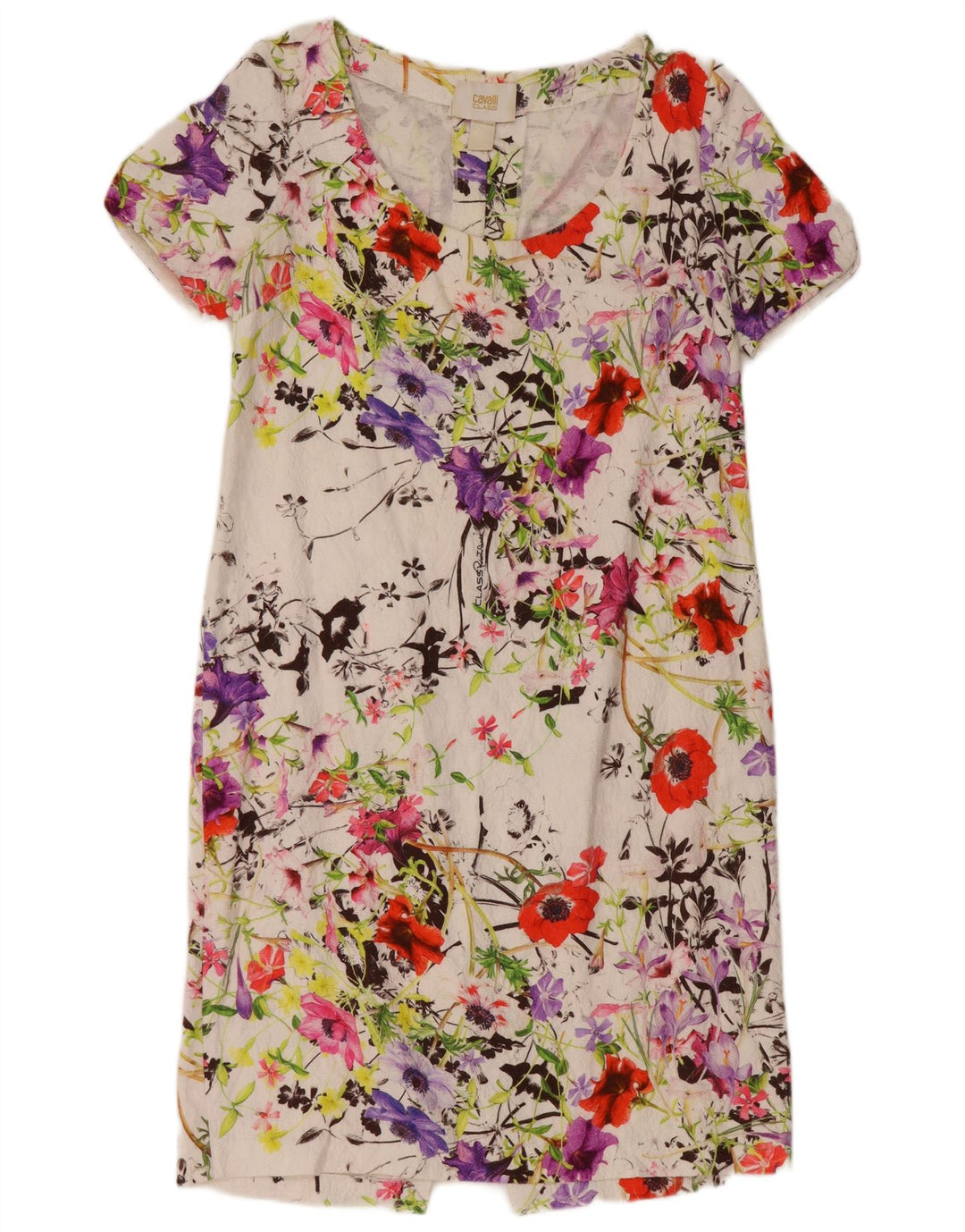 JUST CAVALLI Damen-Etuikleid, Größe 2, klein, weiße Baumwolle mit Blumenmuster