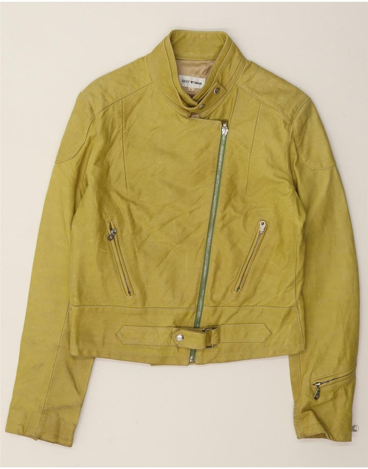 Vintage Damen Leder Bikerjacke UK 14 Groß Gelb