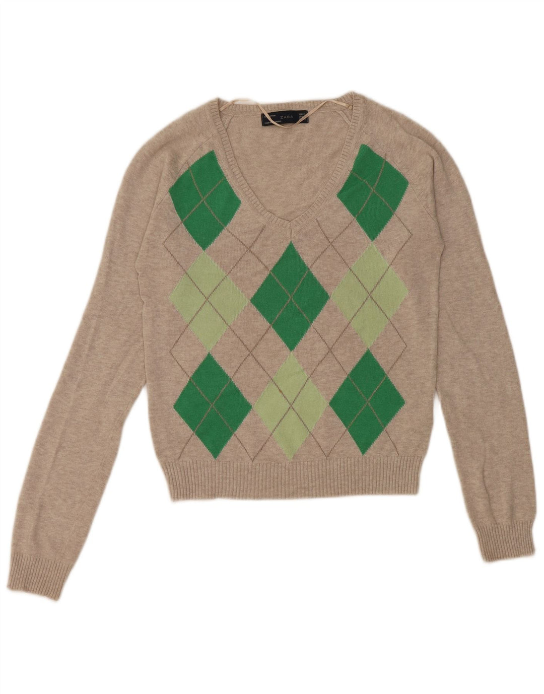 Zara Damen-Pullover mit V-Ausschnitt, UK 12, mittelgraue Argyle-/Diamant-Baumwolle
