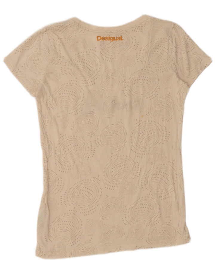 DESIGUAL Damen Grafik-T-Shirt-Oberteil UK 14 Große beige gepunktete Baumwolle