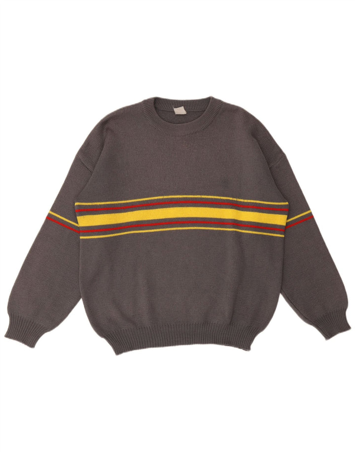 Vintage Herren Pullover mit Rundhalsausschnitt, groß, grau gestreift