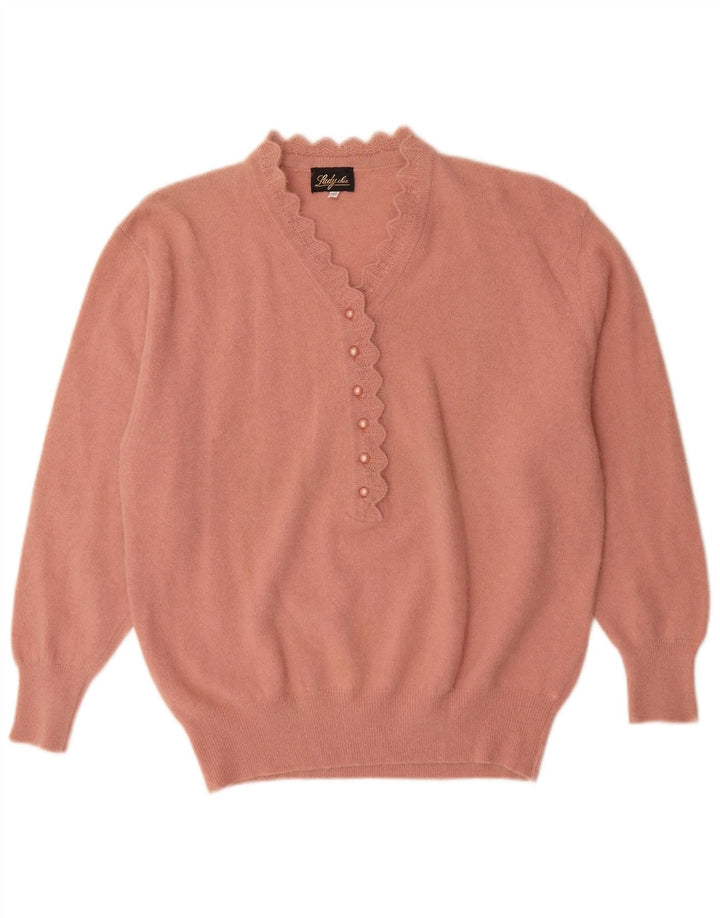 Vintage Damen Pullover mit Knopfhalsausschnitt IT 52 2XL Pink Angora