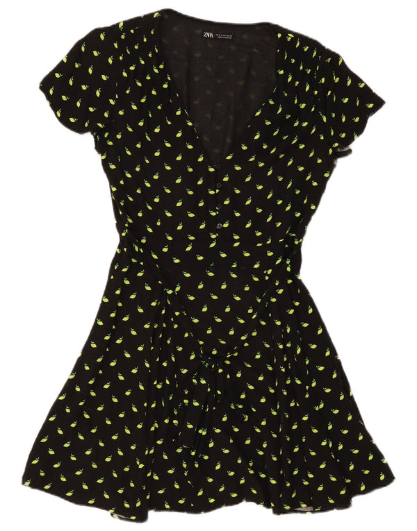 Zara Damen A-Linien-Kleid UK 12 Medium Schwarz gefleckt