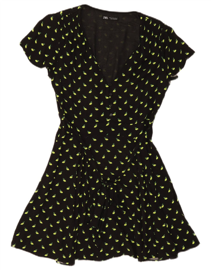 Zara Damen A-Linien-Kleid UK 12 Medium Schwarz gefleckt