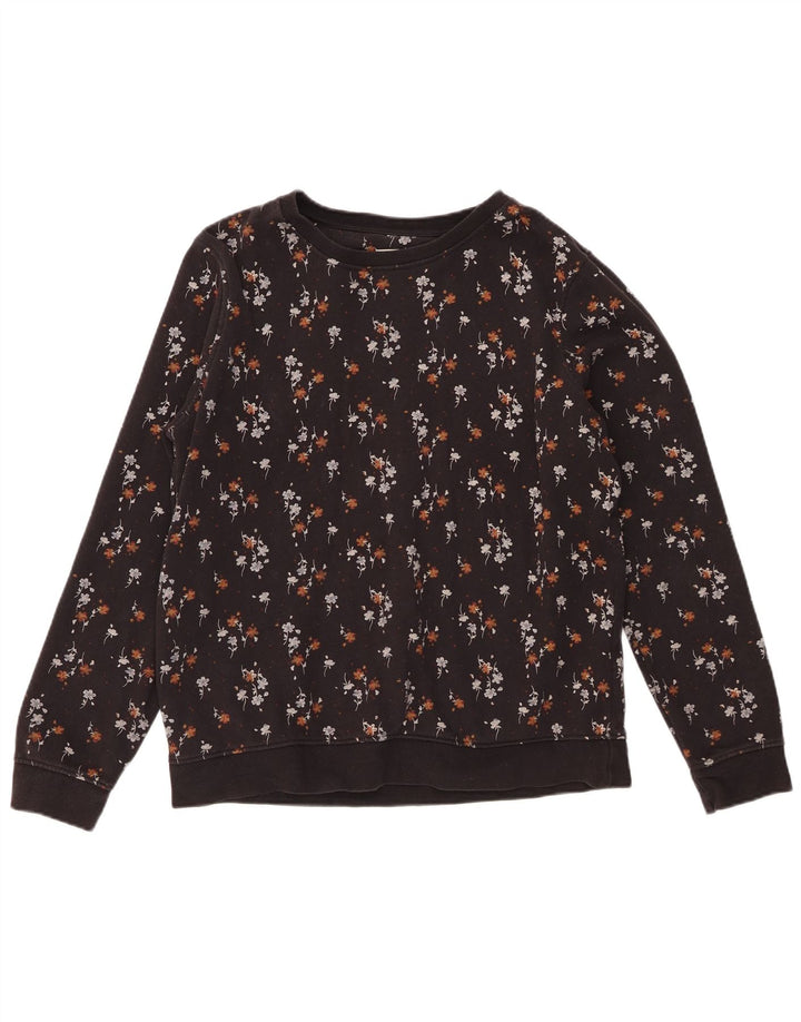 FAT FACE Damen-Sweatshirt-Pullover UK 14 Mittelschwarze geblümte Baumwolle