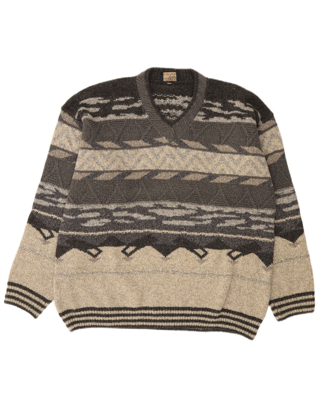 COMPASS CARD Herren-Pullover mit V-Ausschnitt, Größe 52, groß, grau, geometrisch