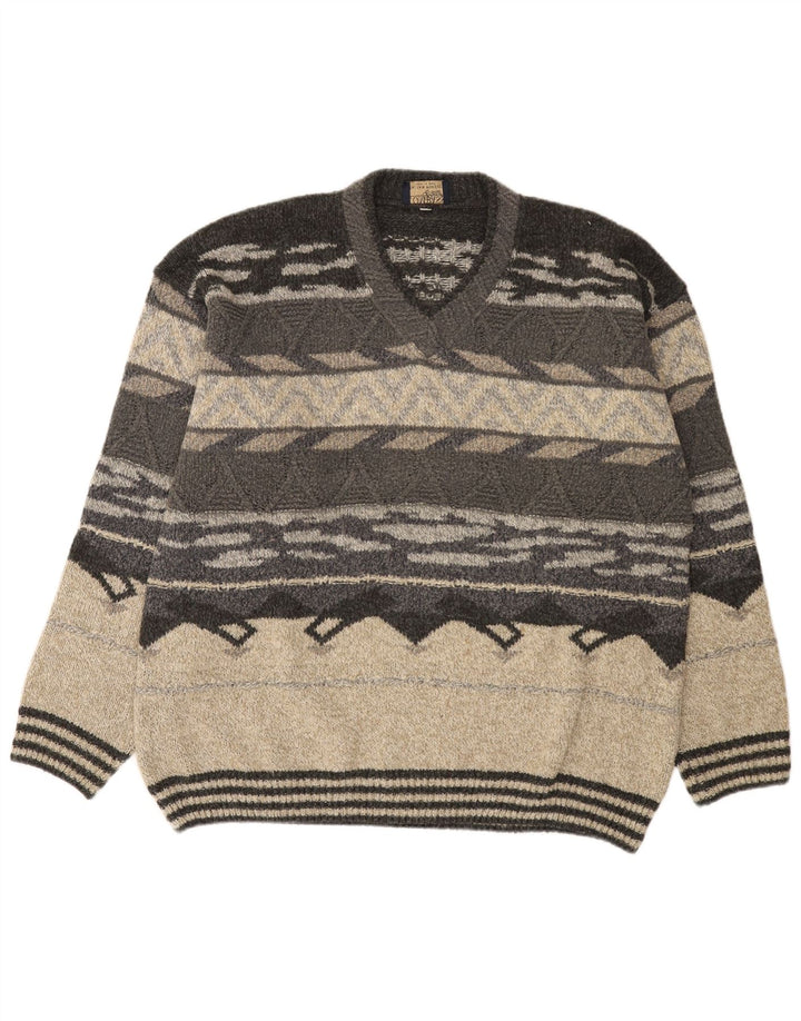 COMPASS CARD Herren-Pullover mit V-Ausschnitt, Größe 52, groß, grau, geometrisch