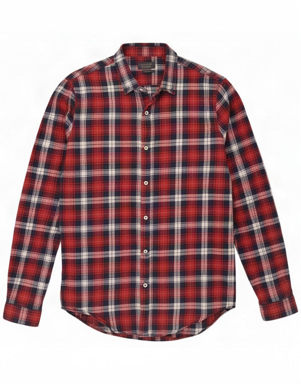 Zara Mens Slim Fit Flannel Shirt Large Red Plaid Cotton