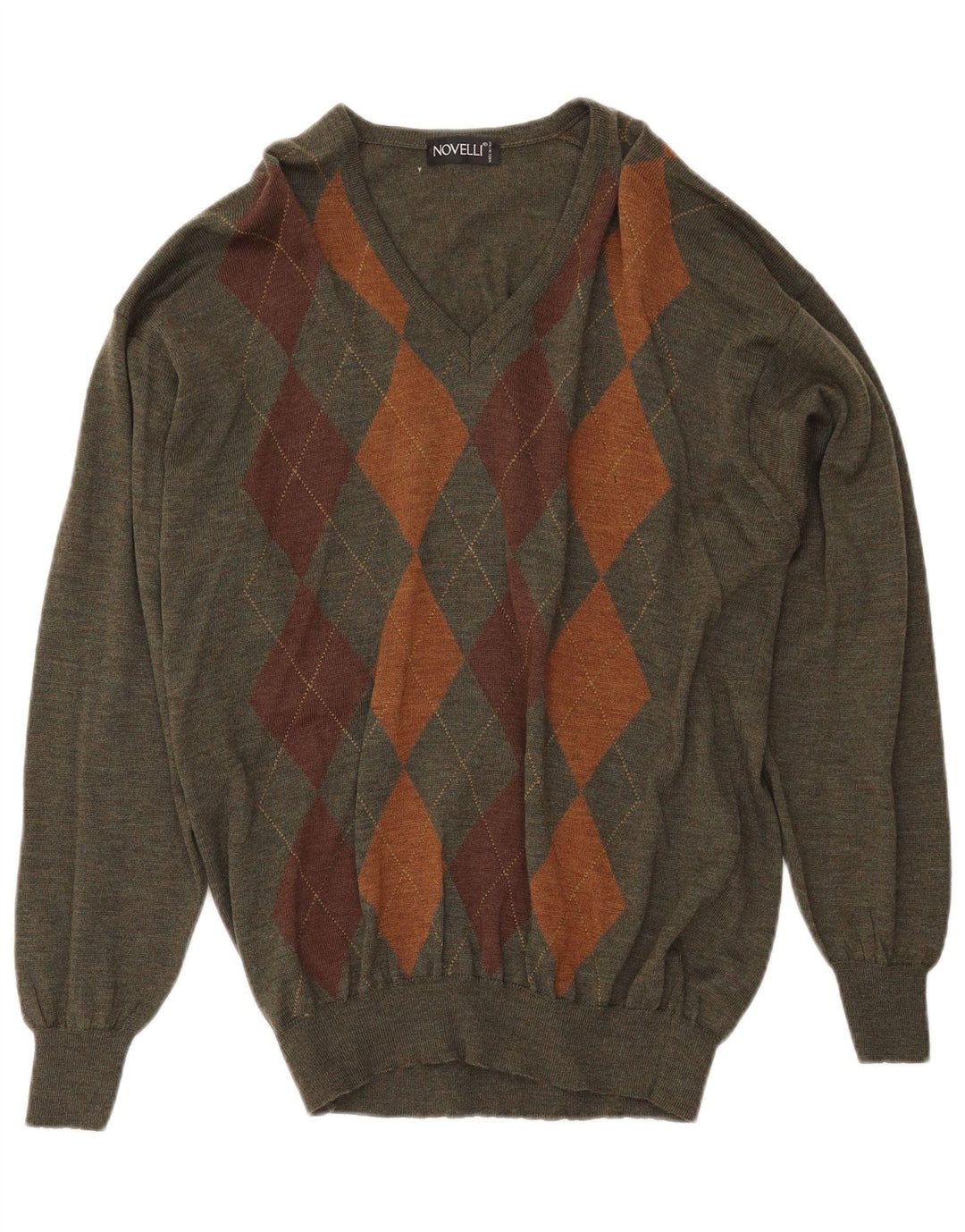 NOVELLI Herren-Pullover mit V-Ausschnitt IT 52 Large Khaki Argyle/Diamond Wool