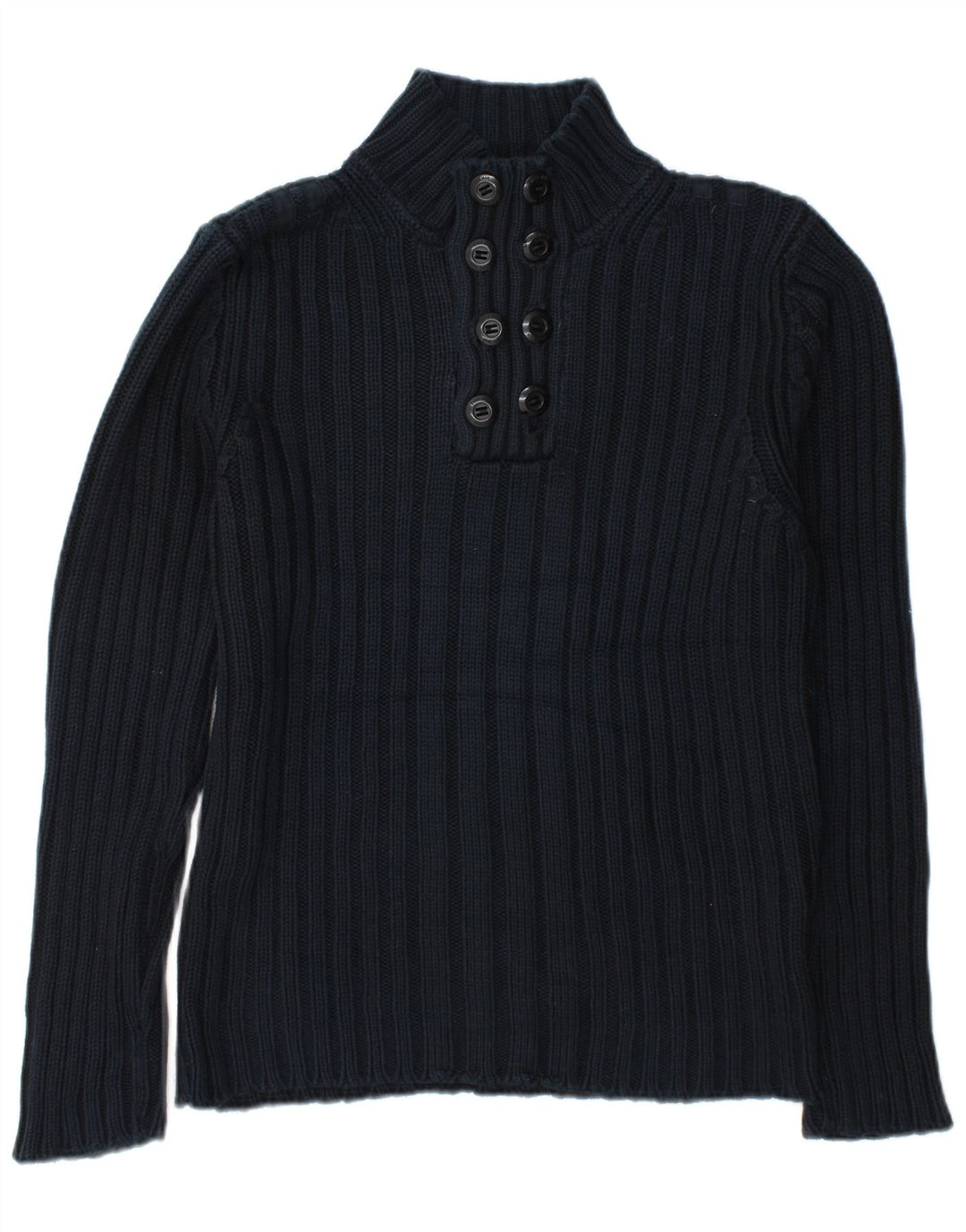 Zara Herren-Pullover mit Knopfkragen, groß, marineblaue Baumwolle