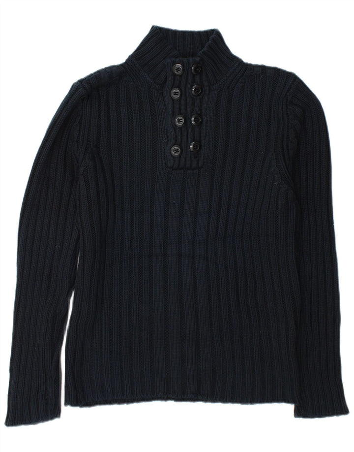 Zara Herren-Pullover mit Knopfkragen, groß, marineblaue Baumwolle