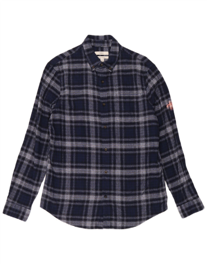 Marks & Spencer Herren-Flanellhemd mit normaler Passform, Mittelblau kariert