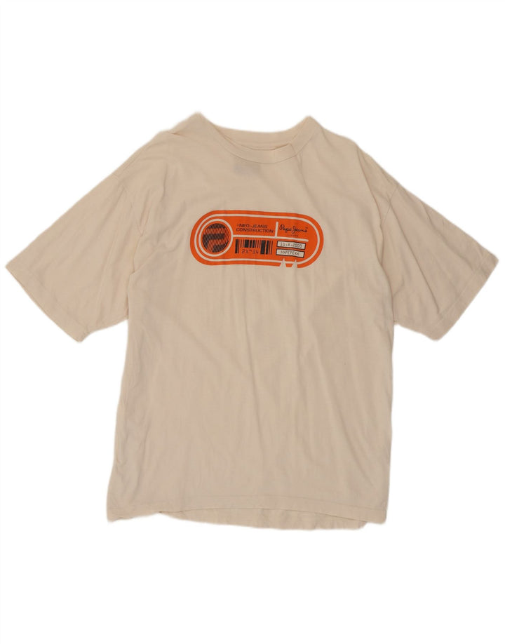 PEPE Jeans Herren-T-Shirt mit Grafik, mittlere, cremefarbene Baumwolle