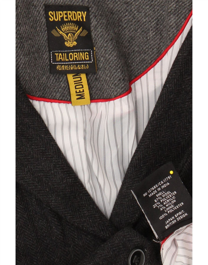 SUPERDRY Damen-Blazerjacke mit 2 Knöpfen, UK 12, mittelgraue Wolle mit Fischgrätenmuster