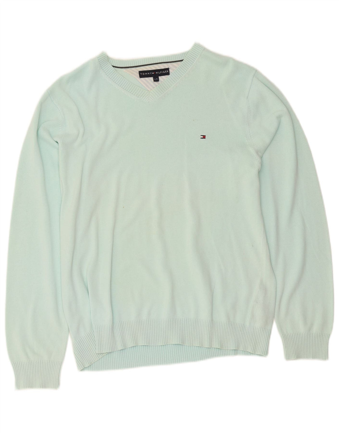 Tommy Hilfiger Herren-Pullover mit V-Ausschnitt, groß, türkisfarbene Baumwolle