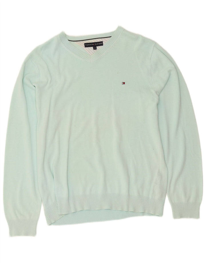 Tommy Hilfiger Herren-Pullover mit V-Ausschnitt, groß, türkisfarbene Baumwolle
