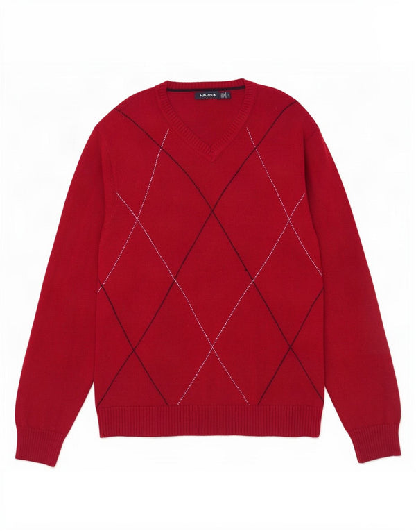 Nautica Herren-Pullover mit V-Ausschnitt, groß, rote Argyle-/Diamant-Baumwolle