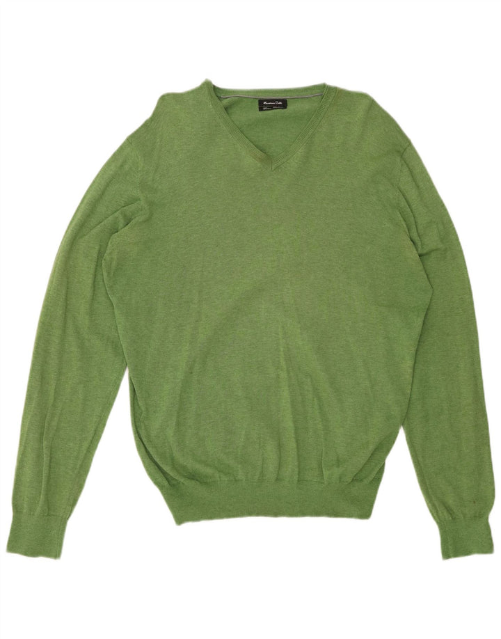 MASSIMO DUTTI Damen-Pullover mit V-Ausschnitt, UK 16, Größe L, grüne Baumwolle
