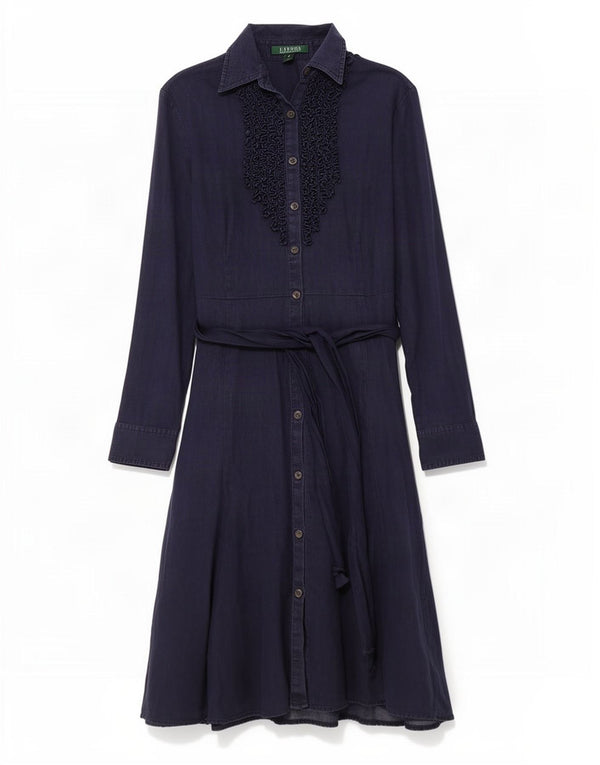 Ralph Lauren Damen-Hemdkleid mit Rüschen vorne, US 4 Small, marineblaues Leinen