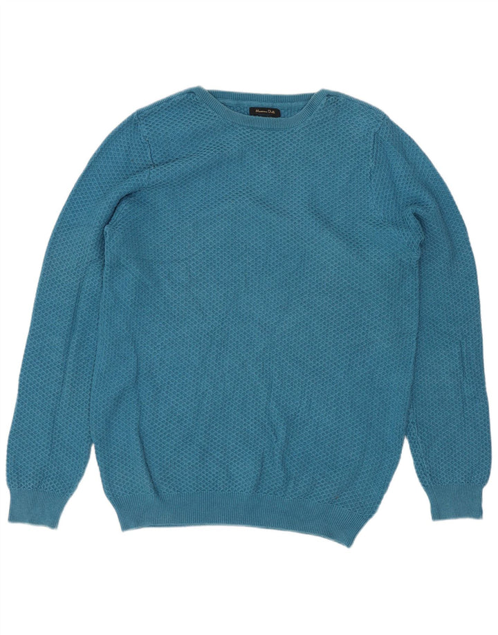 Massimo Dutti Herren-Pullover mit U-Boot-Ausschnitt, mittelblaue Baumwolle