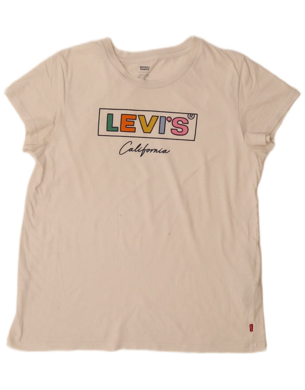 LEVI'S Damen Grafik-T-Shirt-Oberteil UK 14 Large Off White Cotton