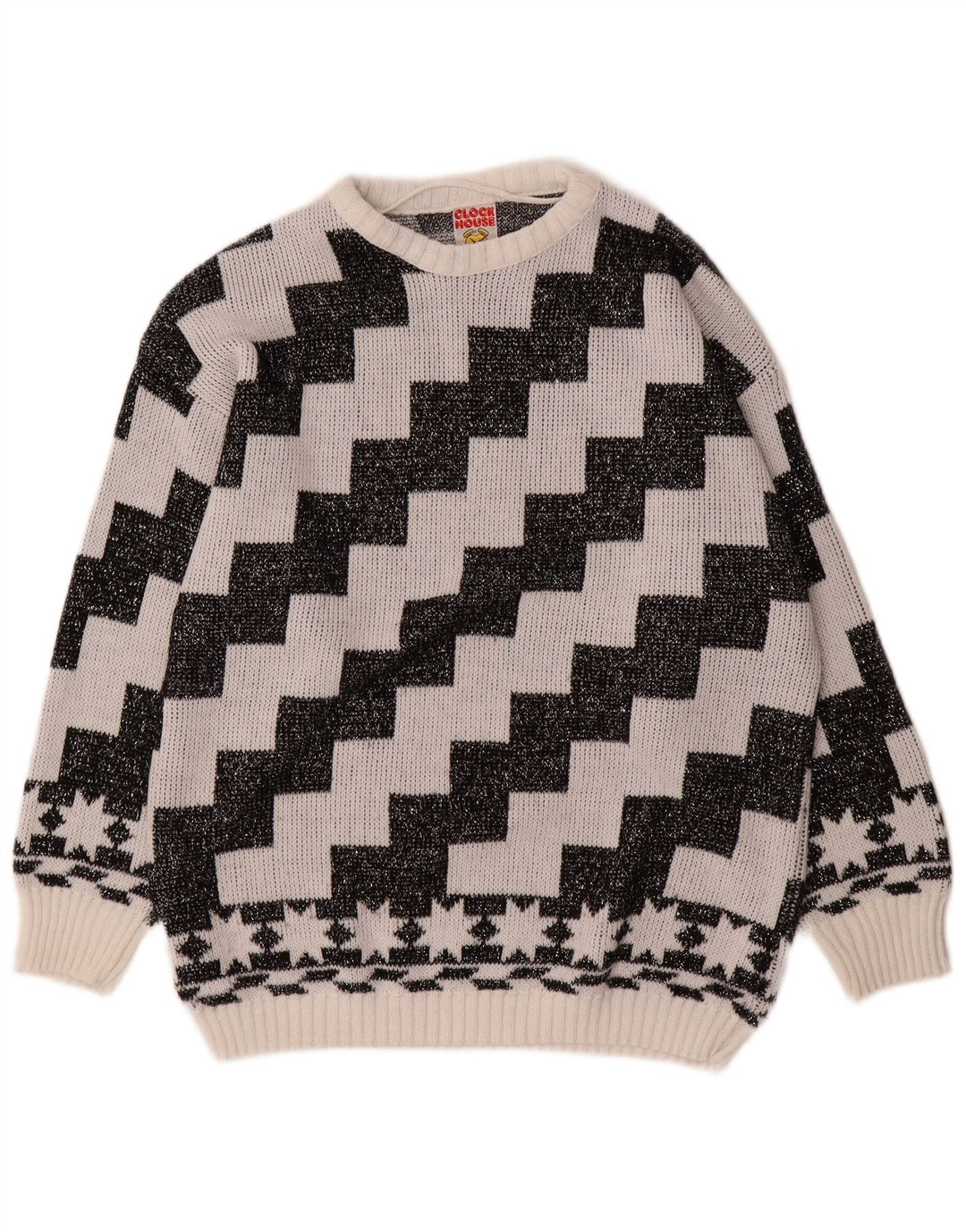 C&A Womens Oversized Boat Neck Jumper Sweater EU 42 Large White Geometric