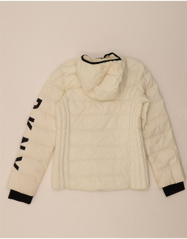 DKNY Womens Graphic Hooded Padded Jacket UK 14 Medium Off White Nylon Vintage Dkny and Second-Hand Dkny from Messina Hembry 