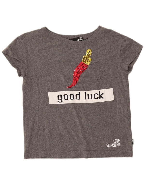 MOSCHINO Damen Grafik-T-Shirt-Oberteil IT 42 Mittelgrau gesprenkelte Baumwolle