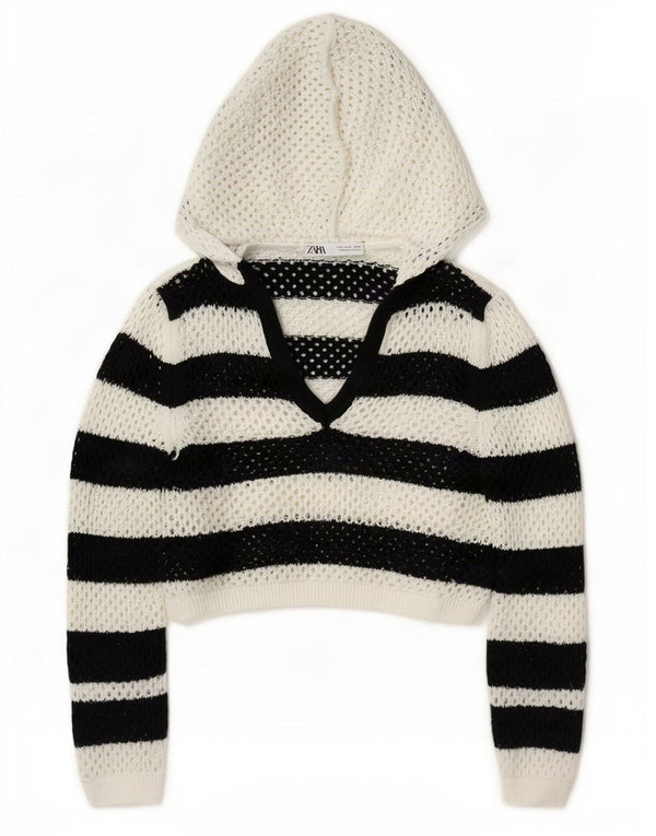 Zara Womens Crop Hooded Crochet Pullover Pullover UK 14 Medium Schwarz gestreift