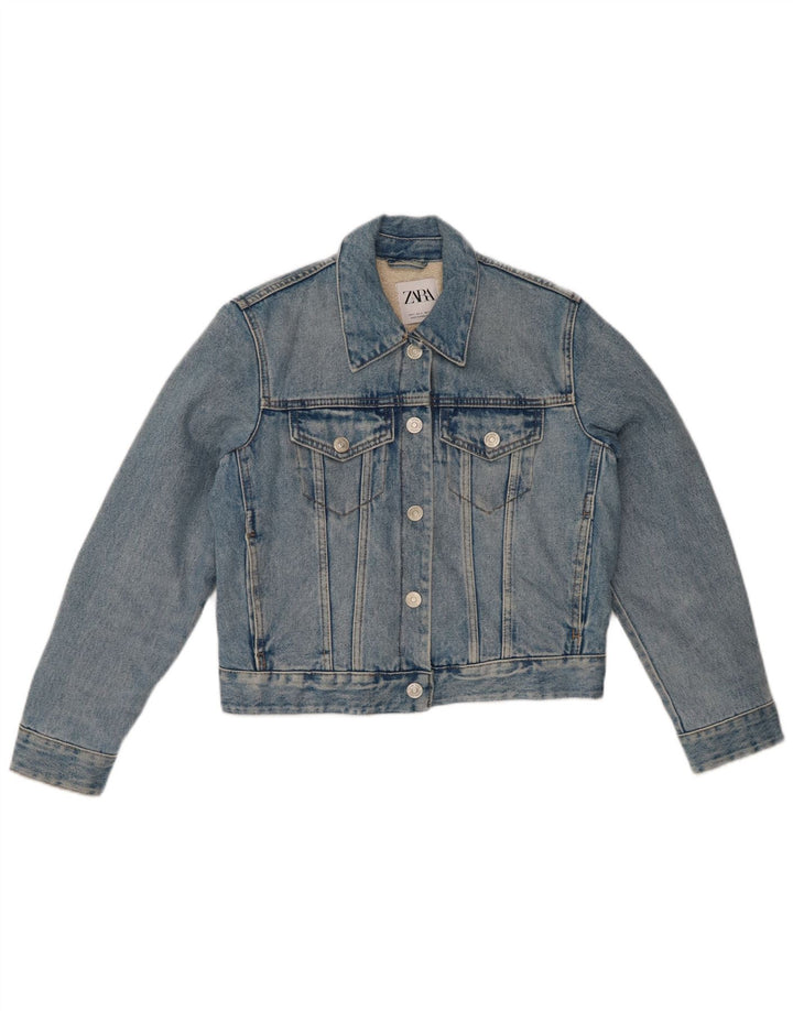 ZARA Damen Denim Crop Sherpa Jacke UK 10 Small Blaue Baumwolle
