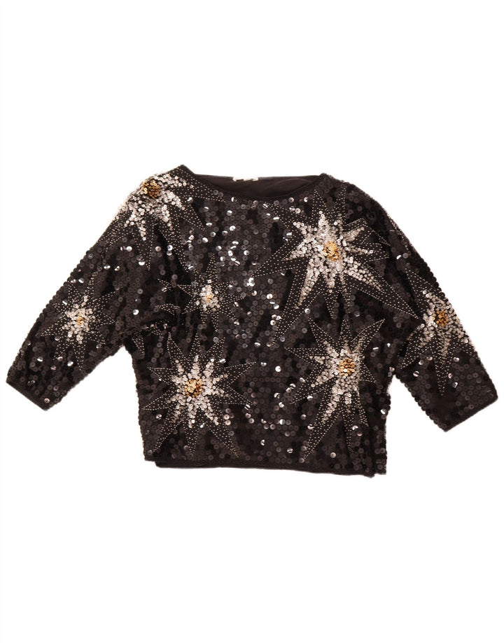 VINTAGE Damen Bluse mit abstraktem Muster, 3/4-Ärmel, EU 42, groß, Schwarz