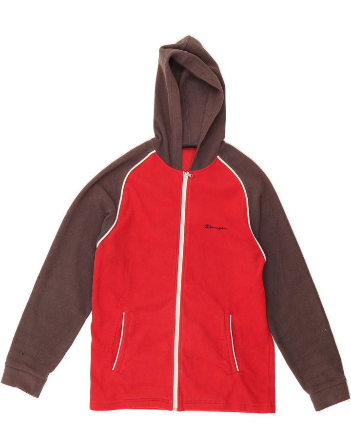 CHAMPION Boys Hooded Fleece Jacket 13-14 Years Red Colourblock Polyester Vintage Champion and Second-Hand Champion from Messina Hembry 