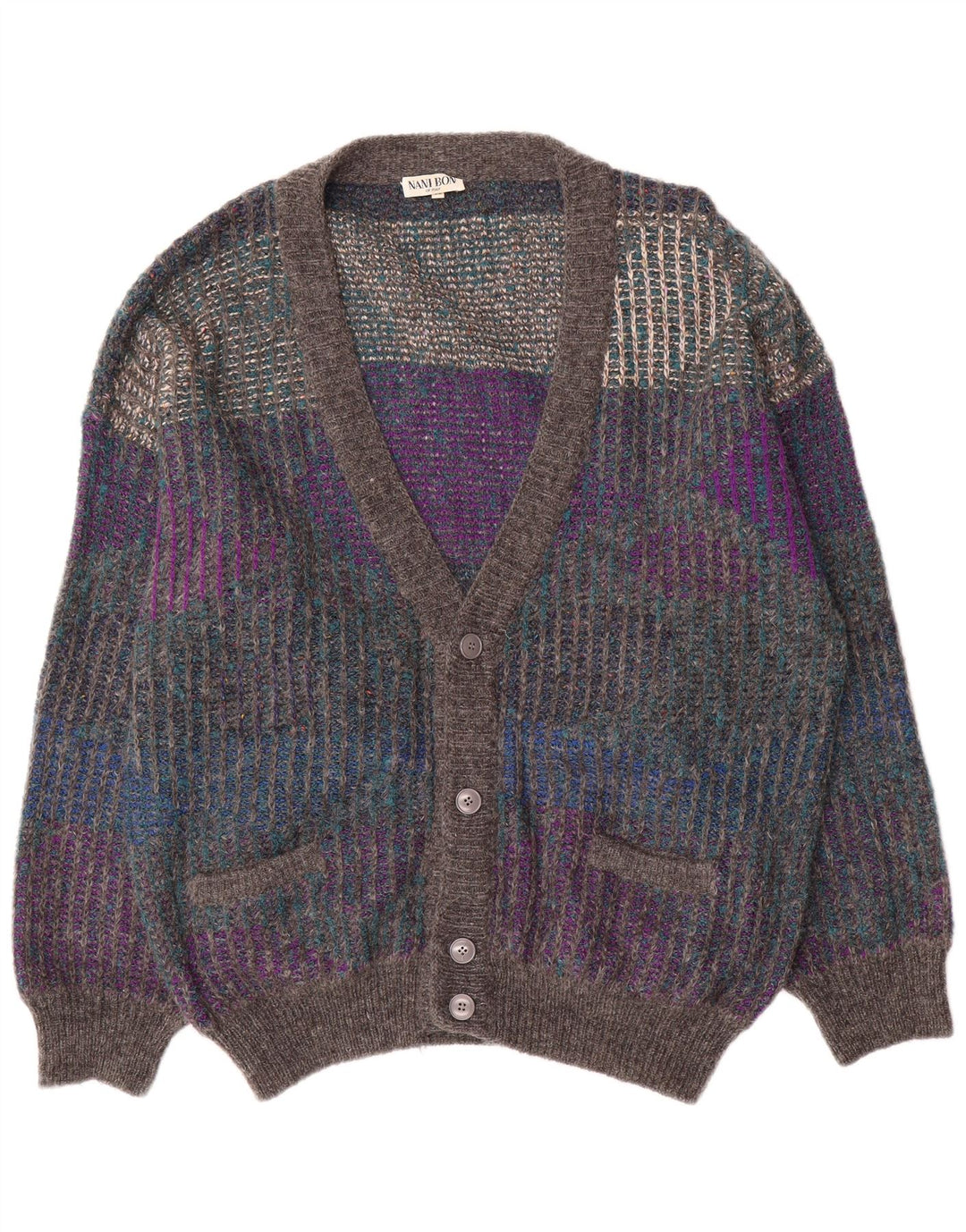 NANI BON Herren-Cardigan-Pullover IT 52 Große graue Colourblock-Wolle