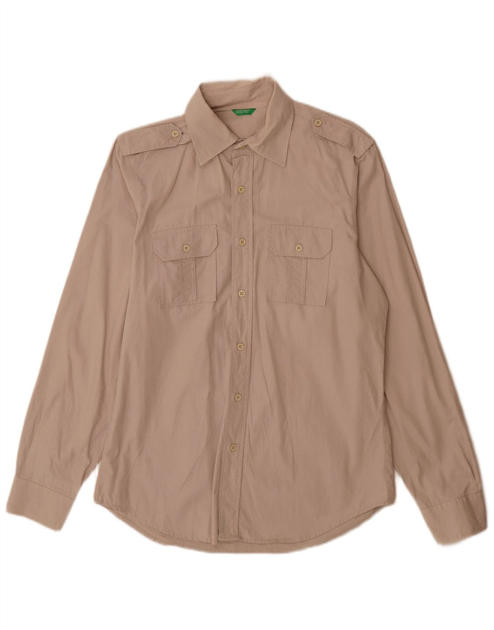 Benetton Herren-Militär-Militärhemd, mittelbeige Baumwolle