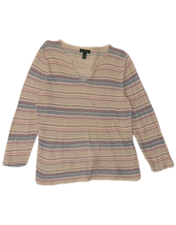 Ralph Lauren Damen-Top, 3/4-Ärmel, UK-Größe 44, Größe L, grau gestreift, Baumwolle
