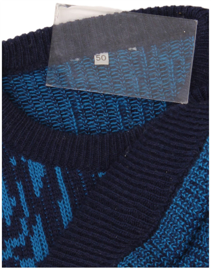 Vintage Herren Pullover mit Rundhalsausschnitt IT 50 Mittelblaue geometrische Wolle