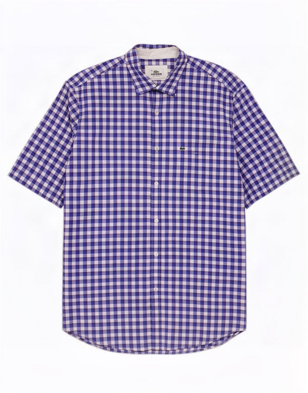 Lacoste Herren-Hemd, kurzärmelig, normale Passform, Größe 42, großes blaues Gingham-Muster