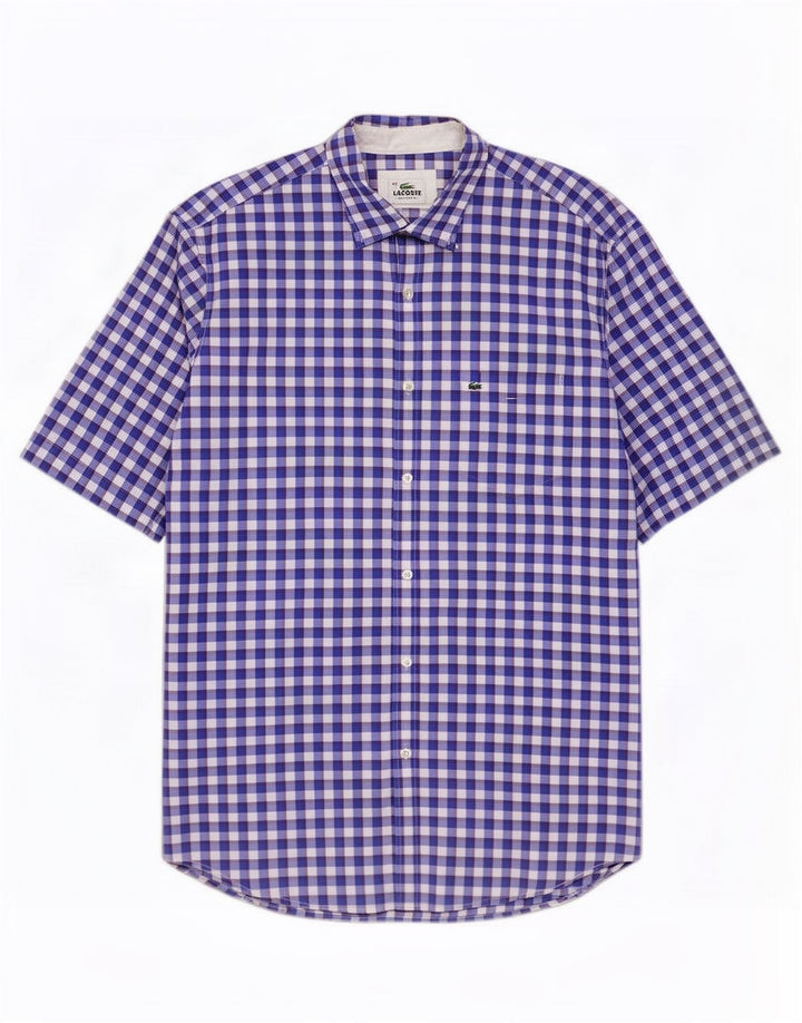Lacoste Herren-Hemd, kurzärmelig, normale Passform, Größe 42, großes blaues Gingham-Muster
