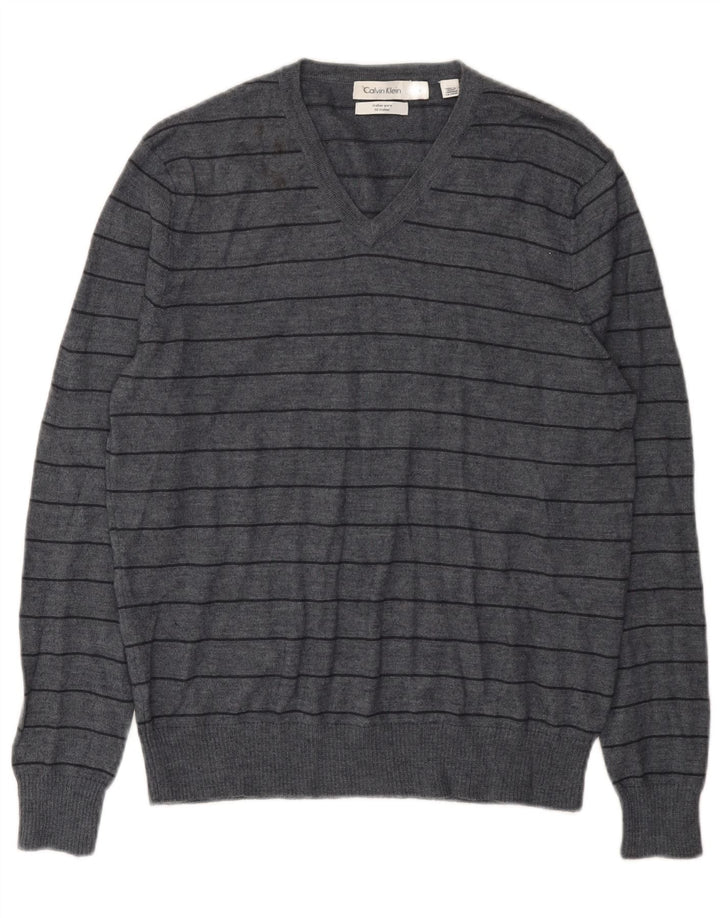 Calvin Klein Herren-Pullover mit V-Ausschnitt aus mittelgrauer, gestreifter Merinowolle