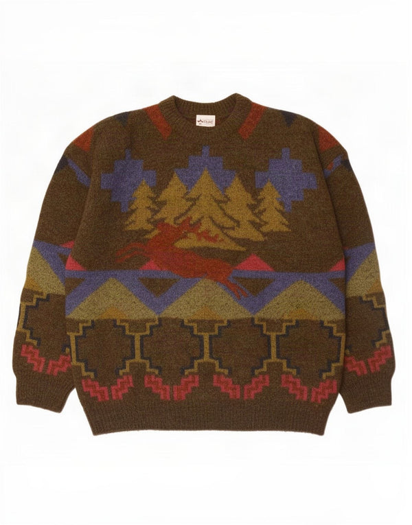 Fiume Mens Crew Neck Jumper Sweater IT 50 Medium Khaki Fair Isle Acrylic