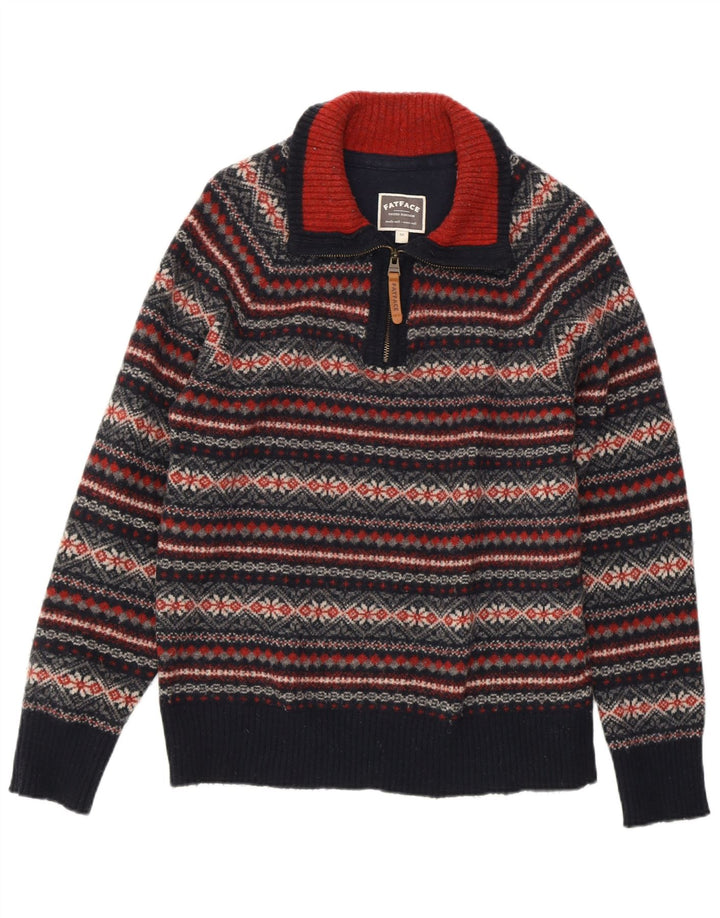 FAT FACE Damen-Pullover mit Reißverschluss am Hals, UK 14, mittleres Marineblau, Fair Isle-Muster