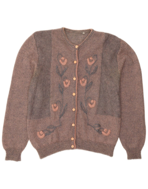 Vintage Damen Cardigan Pullover UK 14 Großes Rosa Blumen Mohair
