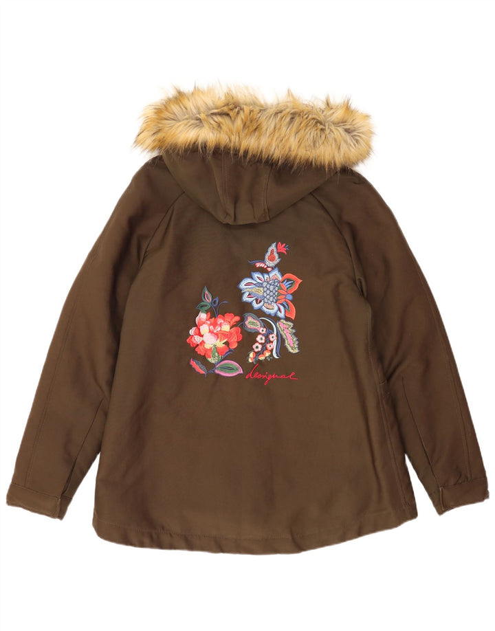 Desigual Womens Graphic Hooded Parka Jacke EU 38 Medium Khaki Baumwolle