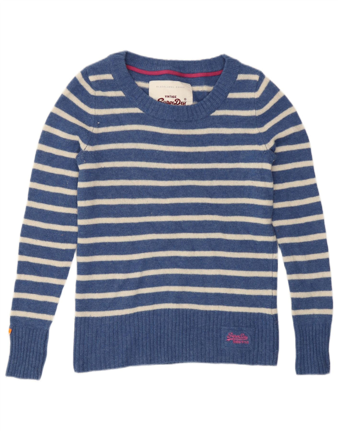 Superdry Damen-Pullover mit U-Boot-Ausschnitt, UK 12, Mittelblau gestreift