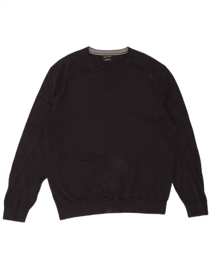 Massimo Dutti Herren-Pullover mit Rundhalsausschnitt, 2XL, schwarze Baumwolle