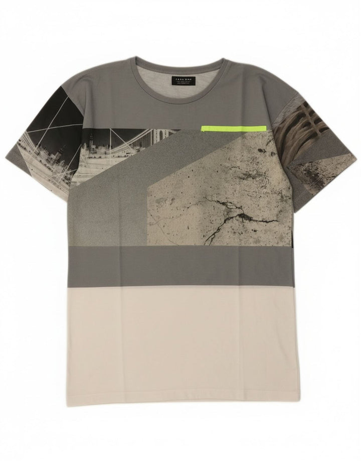 Zara Herren-T-Shirt mit Grafik, klein, Grau, Farbblock