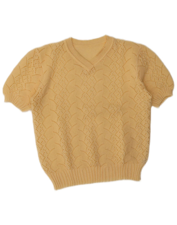 Vintage Damen Kurzärmeliger Pullover mit V-Ausschnitt UK 14 Medium Beige