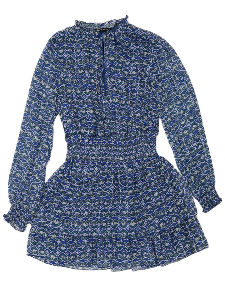 Zara Damen Langarm-Stufenkleid UK 12 Mittelblaues Blumenmuster aus Polyester